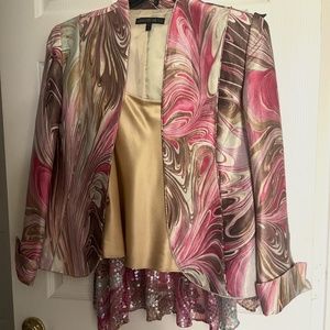 3 piece multicolor Lafayette 148  silk outfit with beaded skirt.